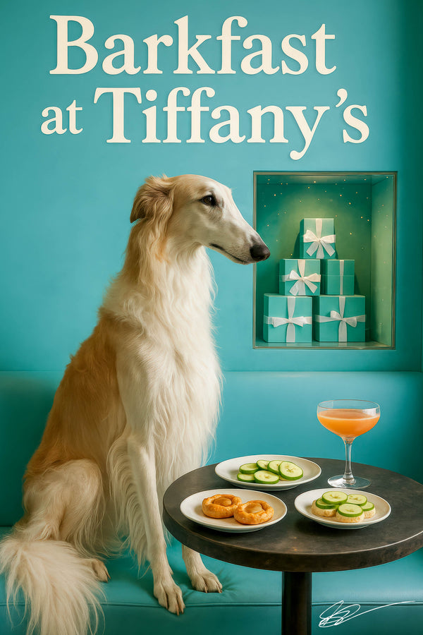 Regal borzoi in turquoise scarf before Tiffany-blue gift boxes and neon “Barkfast at Tiffany’s” sign, with pretzels, cucumber slices & peach cocktail on marble table