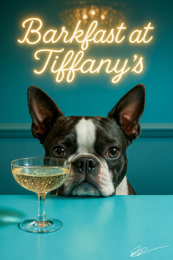 Tuxedo-masked Boston Terrier peeking over a turquoise table at a sparkling cocktail under neon “Barkfast at Tiffany’s” sign
