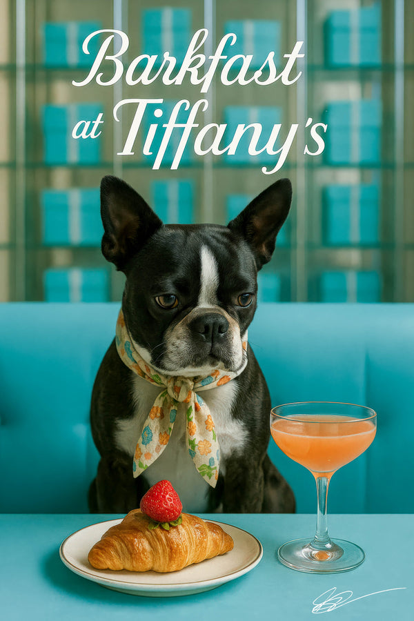 Tuxedo-masked Boston Terrier in a floral scarf on a turquoise banquette before Tiffany-blue gift boxes, with a croissant topped by a strawberry and a peach cocktail under “Barkfast at Tiffany’s” sign