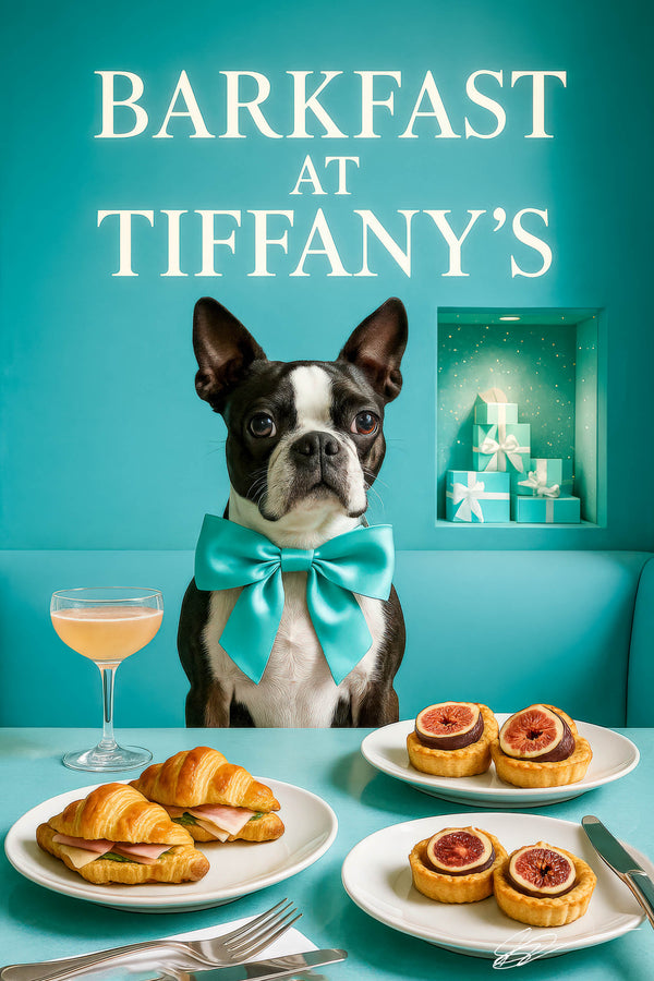 Bow-tied Boston Terrier seated by Tiffany-blue gift boxes with croissant sandwiches, fig-topped tarts & peach cocktail under “Barkfast at Tiffany’s” sign
