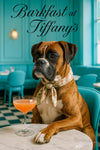 Handsome Boxer in a floral scarf rests a paw on a marble table with a peach cocktail in a turquoise diner setting under “Barkfast at Tiffany’s” script