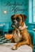 Handsome Boxer in a floral scarf rests a paw on a marble table with a peach cocktail in a turquoise diner setting under “Barkfast at Tiffany’s” script