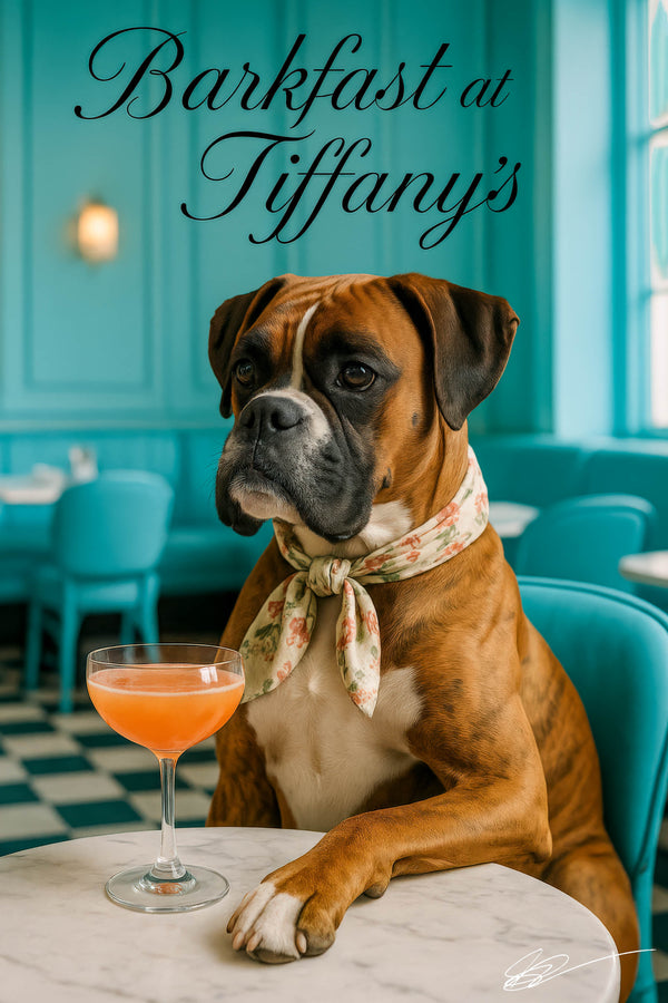 Handsome Boxer in a floral scarf rests a paw on a marble table with a peach cocktail in a turquoise diner setting under “Barkfast at Tiffany’s” script