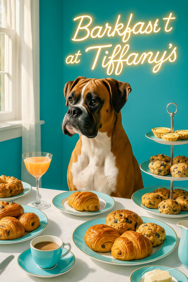 Dignified Boxer in a turquoise café surveying chocolate croissants, blueberry scones, lemon tarts, coffee & a peach cocktail beneath neon “Barkfast at Tiffany’s” sign