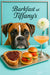 Boxer pup peeking over a Tiffany-blue table at a metal tray with jam-topped toast, two tomato-basil sliders, a peach cocktail and white flower under “Barkfast at Tiffany’s” script
