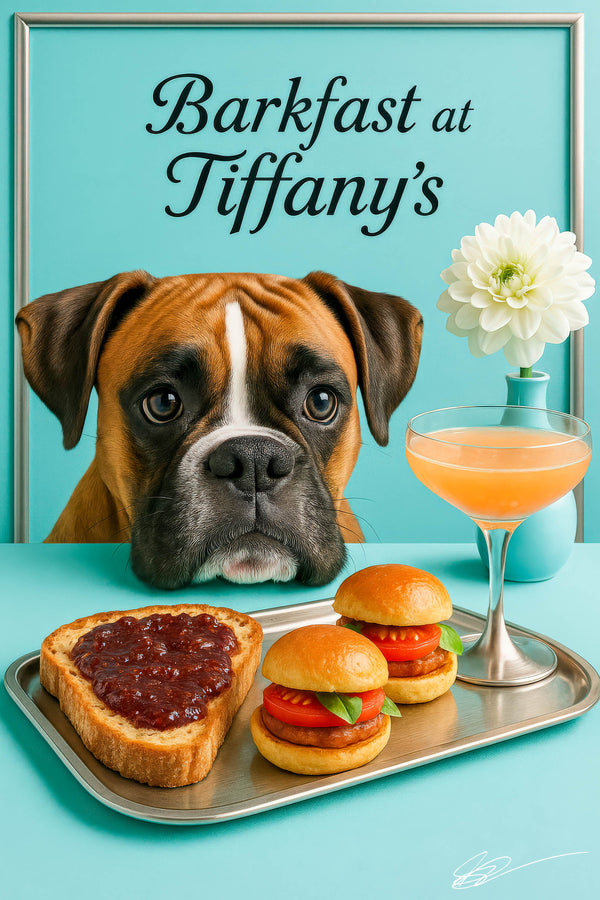 Boxer pup peeking over a Tiffany-blue table at a metal tray with jam-topped toast, two tomato-basil sliders, a peach cocktail and white flower under “Barkfast at Tiffany’s” script