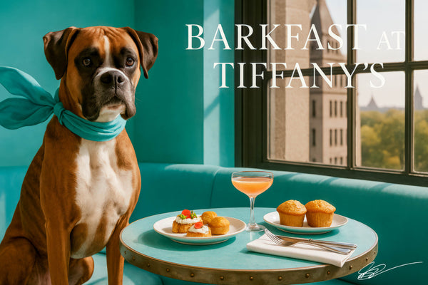 Elegant Boxer in a turquoise scarf by sunlit window at turquoise banquette with savory canapés, mini muffins & peach-hued cocktail on riveted metal table under “Barkfast at Tiffany’s” script