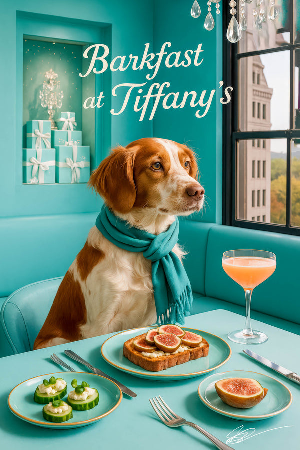 Brittany Spaniel in a turquoise scarf at a Tiffany-blue table with cucumber canapés, fig-topped toast, halved fig & peach cocktail under “Barkfast at Tiffany’s” script and gift boxes in background