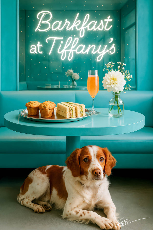 Brittany Spaniel lying under a turquoise table in a Tiffany-blue café, eyeing finger sandwiches, mini muffins, a peach-hued cocktail and white flower under neon “Barkfast at Tiffany’s” sign
