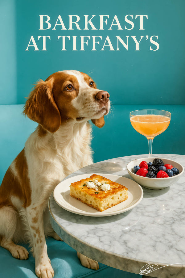 Sunlit Brittany Spaniel on a turquoise banquette beside a marble table with cheese-topped focaccia, mixed berries bowl & peach-hued cocktail under “Barkfast at Tiffany’s” script