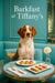 Brittany Spaniel on a turquoise banquette by a round table with tomato-topped tarts, cheese crostini, a peach-hued cocktail and white flower under “Barkfast at Tiffany’s” sign
