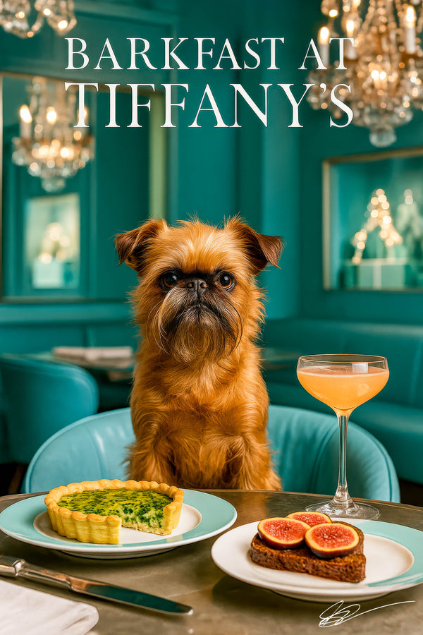 Brussels Griffon seated on a Tiffany-blue chair by a metal table with spinach quiche, fig-topped toast & a blush cocktail under a crystal chandelier in a turquoise café