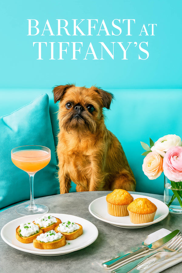 Expressive Brussels Griffon seated on a turquoise banquette at a riveted metal table with ricotta-topped canapés, mini muffins, a peach-hued cocktail and ranunculus bouquet under neon “Barkfast at Tiffany’s” sign