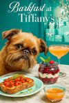 Brussels Griffon peeking around a marble table with tomato bruschetta, berry parfait in a jar and a small bowl of citrus juice under “Barkfast at Tiffany’s” neon sign and gift-box display