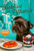 Dark Brussels Griffon seated by a marble table with tomato-basil bruschetta, layered berry parfait in a jar, orange juice bowl & peach cocktail beneath “Barkfast at Tiffany’s” sign and Tiffany-blue gift boxes