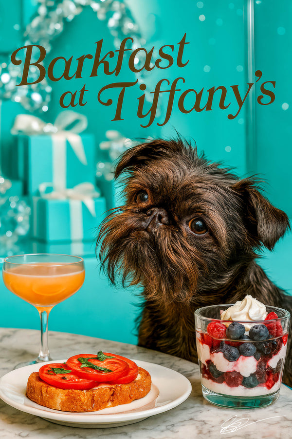Dark Brussels Griffon seated by a marble table with tomato-basil bruschetta, layered berry parfait in a jar, orange juice bowl & peach cocktail beneath “Barkfast at Tiffany’s” sign and Tiffany-blue gift boxes