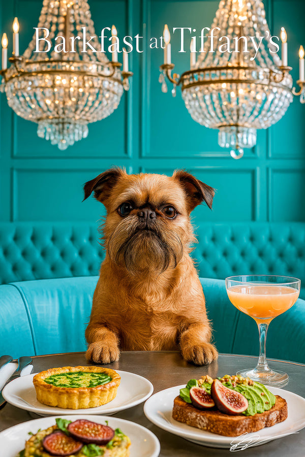 Brussels Griffon perched on a turquoise banquette beneath crystal chandeliers, with a riveted metal table holding a spinach-quiche tart, avocado-fig toasts and a peach-hued cocktail
