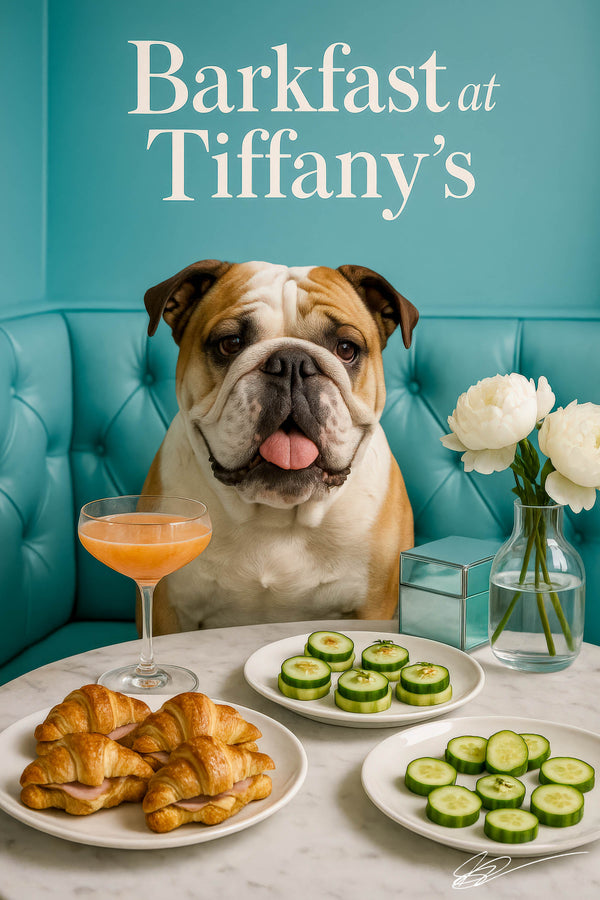 English Bulldog seated on a turquoise banquette beside a marble table with ham croissant sandwiches, cucumber rounds, a peach cocktail, mirrored gift box and white peonies under “Barkfast at Tiffany’s” script