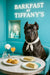 Grey Cane Corso wearing a white scarf seated at a marble café table in a Tiffany-blue corner, with cucumber tea sandwiches, scones, a gift box, and a peach-pink cocktail under “Barkfast at Tiffany’s” lettering