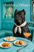 Black Cane Corso wearing a white silk scarf seated at a Tiffany-blue café table with cucumber tea sandwiches, raisin scones, a Tiffany gift box, and a peach-pink brunch cocktail under “Barkfast at Tiffany’s” lettering