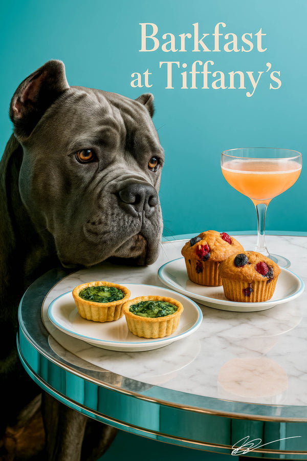 Photorealistic Cane Corso dog gazing at spinach quiches, berry muffins, and a cocktail on a marble table against a Tiffany-blue background