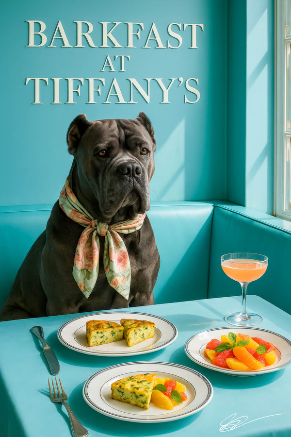 Photorealistic Cane Corso wearing a floral scarf at a Tiffany-blue booth with frittata wedges, citrus salad and a peach cocktail