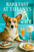 Photorealistic Cardigan Welsh Corgi in Tiffany-blue café booth with fig-topped ricotta toast, apple tart, mimosa and white flower