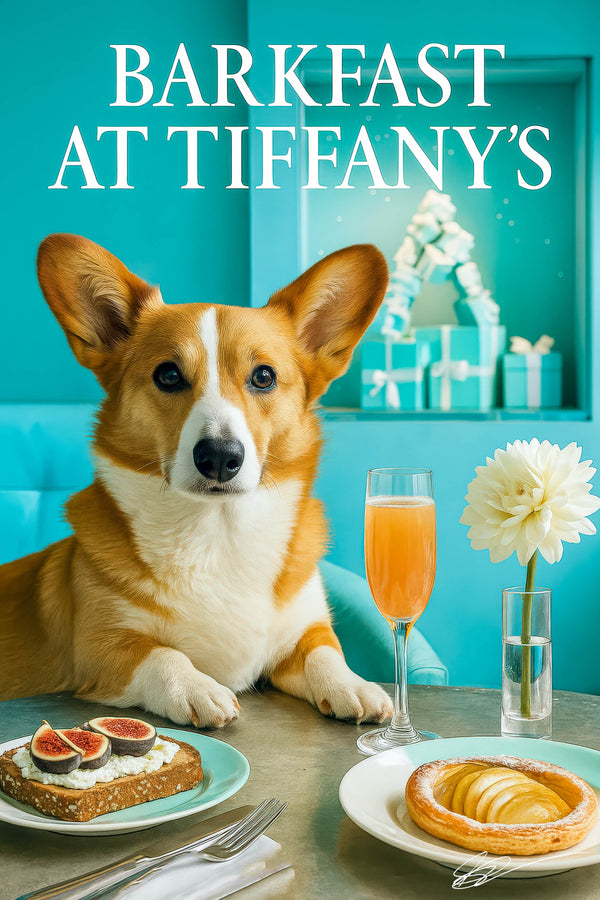 Photorealistic Cardigan Welsh Corgi in Tiffany-blue café booth with fig-topped ricotta toast, apple tart, mimosa and white flower