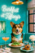 Photorealistic Cardigan Welsh Corgi wearing a teal bandana in a Tiffany-blue café booth with avocado toast topped with arugula, berry muffin, mimosa and neon “Barkfast at Tiffany’s” sign