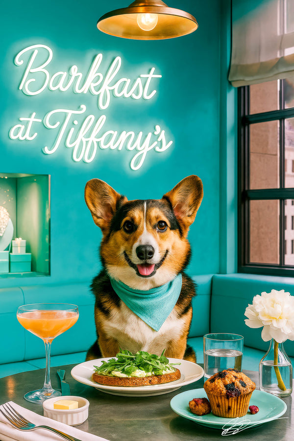 Photorealistic Cardigan Welsh Corgi wearing a teal bandana in a Tiffany-blue café booth with avocado toast topped with arugula, berry muffin, mimosa and neon “Barkfast at Tiffany’s” sign