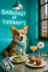 Photorealistic Cardigan Welsh Corgi wearing a teal bandana beneath a neon “Barkfast at Tiffany’s” sign with avocado toast topped with arugula, blueberry muffins and mimosa on a marble table