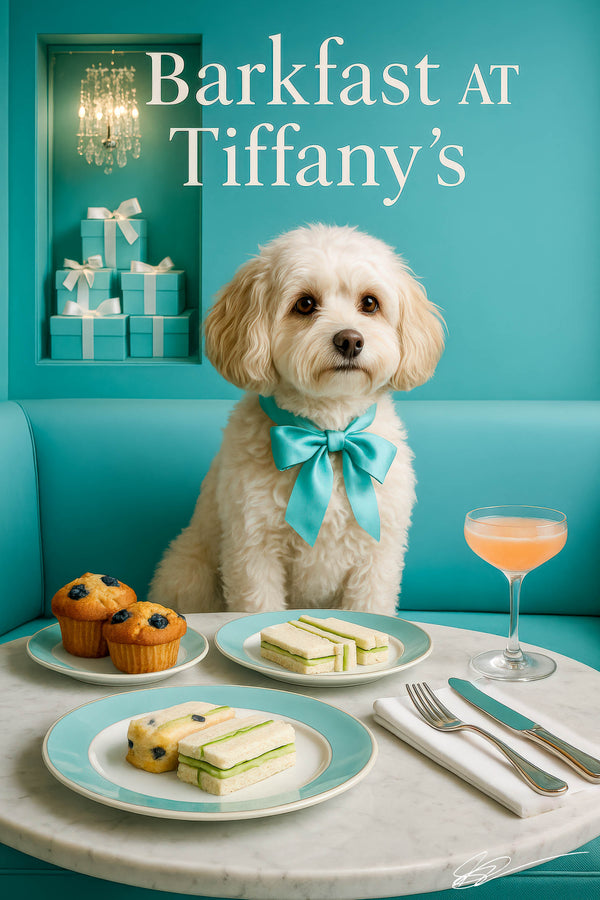 Photorealistic Cavachon dog with Tiffany-blue bow at a marble table featuring cucumber tea sandwiches, blueberry muffins, a cocktail, gift boxes and chandelier in a brunch setting