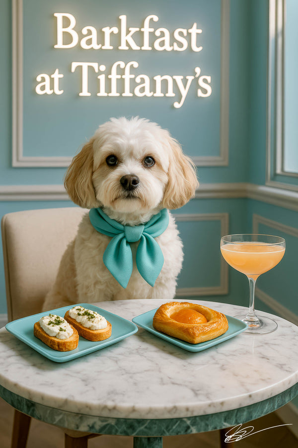 Cavachon wearing a teal bow seated at a marble table at Barkfast at Tiffany’s with ricotta-topped toasts on a turquoise plate, an apricot pastry, a peach cocktail