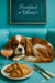 Cavalier King Charles Spaniel on turquoise bench with croissants and cocktail coupe under framed Barkfast at Tiffany’s constellations sign