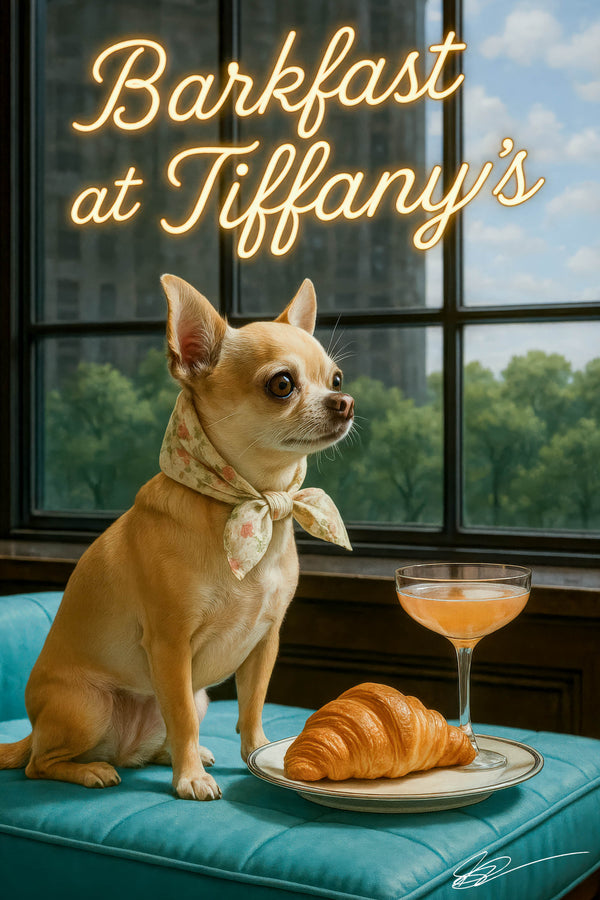 Chihuahua wearing floral scarf sitting on turquoise cushion with croissant and cocktail near window