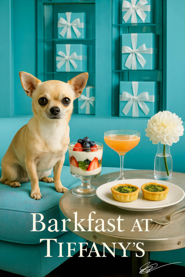 Chihuahua on turquoise cushion next to metal table with yogurt parfait, quiches, cocktail and white flower against teal giftbox background