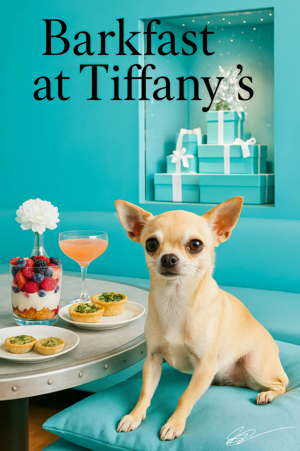 Chihuahua on turquoise cushion next to metal table with yogurt parfait, mini quiches and cocktail in front of teal niche with gift boxes and lights
