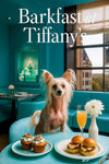 Chinese Crested dog at a teal café table with fig-topped muffins, brioche sliders, a mimosa and a white flower