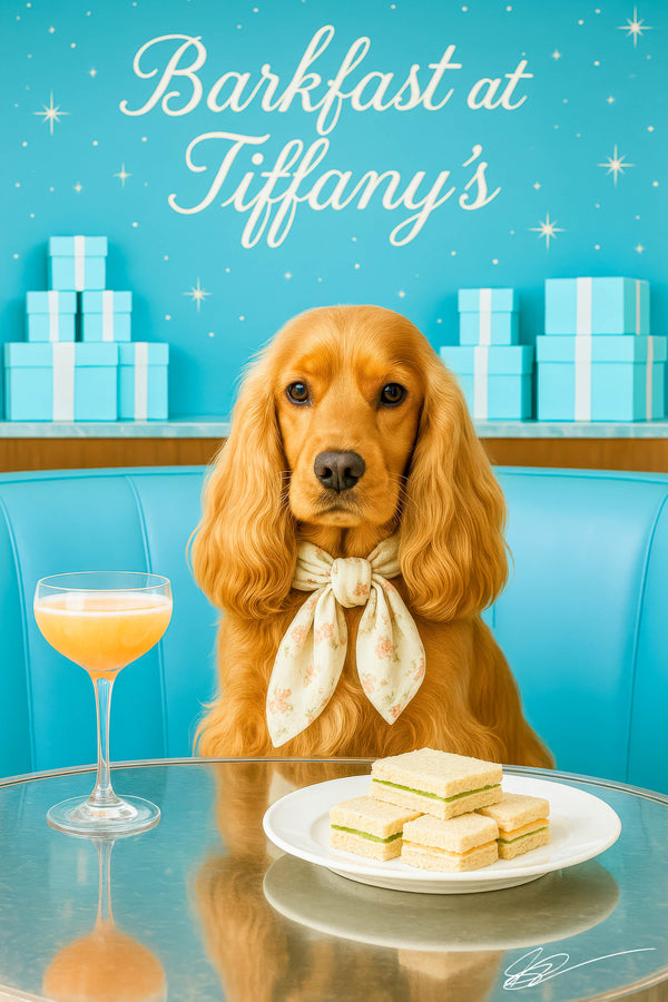 Cocker spaniel wearing floral scarf sitting at blue café table with cocktail and tea sandwiches