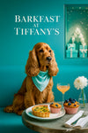 Cocker spaniel in teal bandana sitting on teal booth at marble table with quiche slice blueberry muffins cocktail and white flower