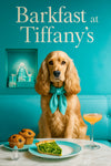 Golden cocker spaniel in teal scarf on turquoise booth beside marble table with quiche slice blueberry muffins cocktail and gift boxes