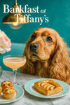 Golden cocker spaniel looking up at brass pendant lamp in teal café setting with muffins danish cocktail and blush flower in vase