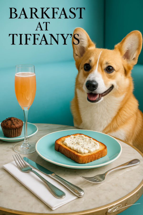 Smiling corgi seated at turquoise café booth beside marble table with whipped-topped toast chocolate muffin coupe cocktail and neon Barkfast at Tiffany’s sign