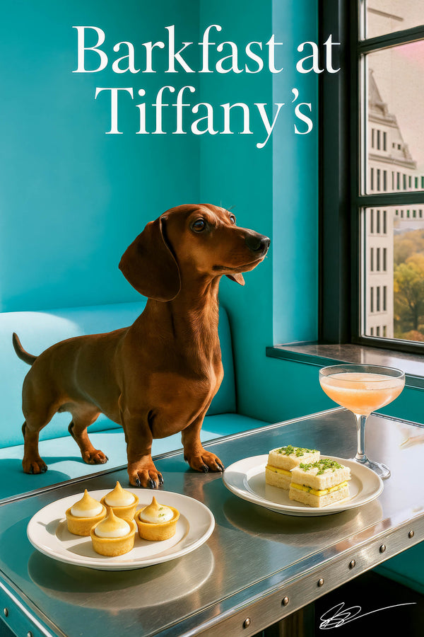 Dachshund standing in a turquoise café booth by a window with plates of mini meringue tarts crustless tea sandwiches and a peach cocktail on a metal table