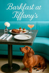Dachshund lounging under a metal café table set with a slice of quick bread caprese towers peach cocktail and white flower in vase