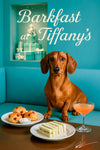 Dachshund on turquoise booth beside wooden table with raspberry scones cream bowl cucumber tea sandwiches and peach cocktail before gift-box display