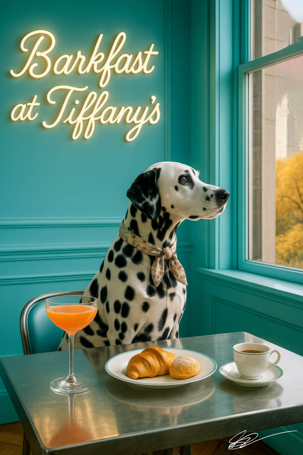 Dalmatian wearing floral scarf seated at Tiffany blue booth beside metal table with croissant pastry frothy peach cocktail and cup of coffee by window
