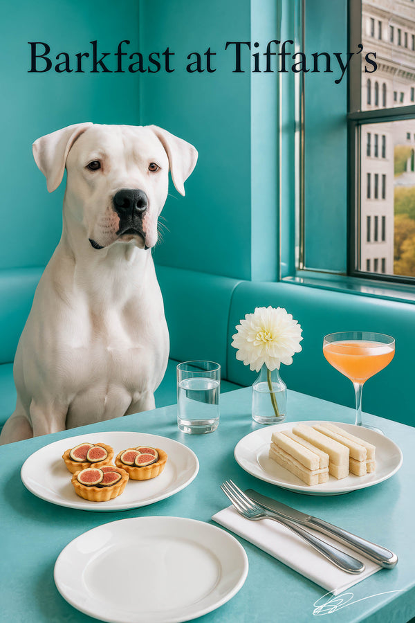 Dogo Argentino sitting at a turquoise café table with fig tarts crustless tea sandwiches an empty plate and silverware
