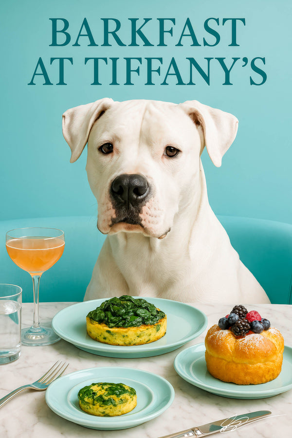 Dogo Argentino wearing turquoise scarf seated on turquoise banquette beside marble table with spinach quiche mini frittata berry topped pastry cocktail and glass of water