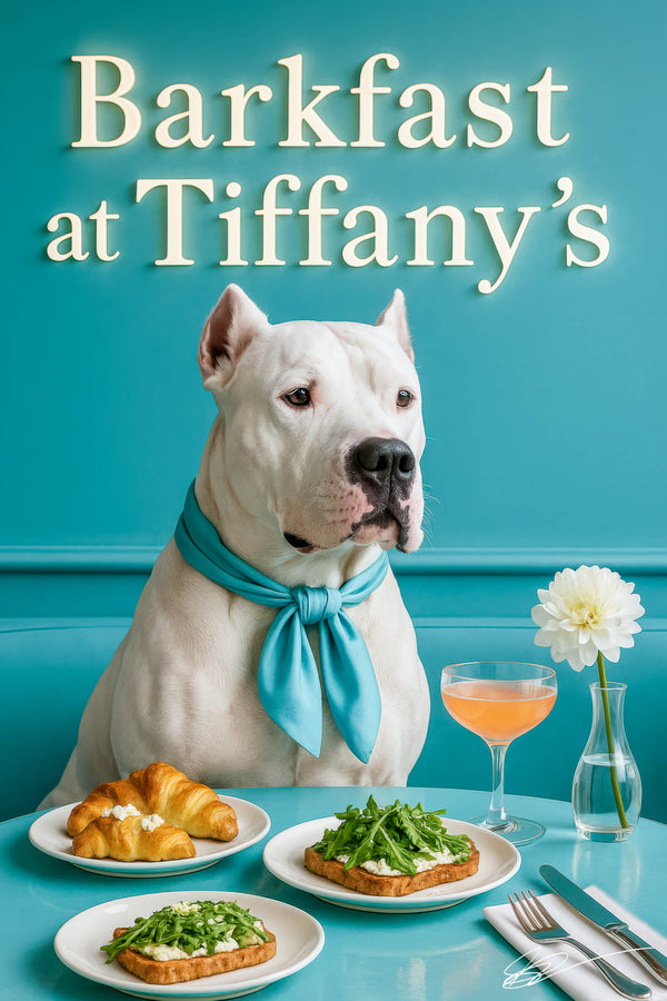 Dogo Argentino wearing turquoise scarf seated on a tufted blue banquette beside table with cheese-topped croissants arugula toasts frothy cocktail and white bloom